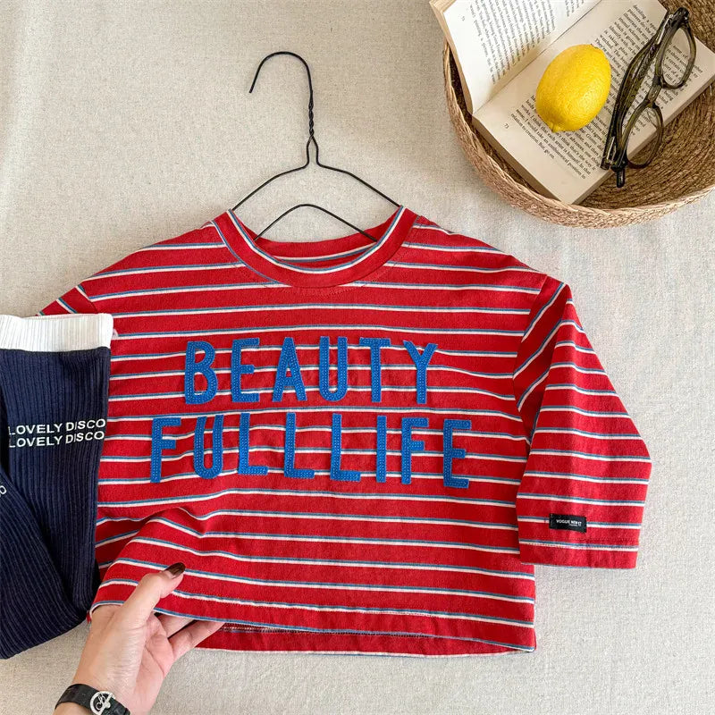 長袖Tシャツ Red / 12M (80) キッズトップス ボーダーレターロゴアップリケ長袖Tシャツ【mh0008964】