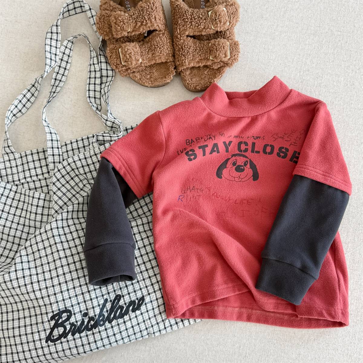 長袖Tシャツ Red / 80cm 長袖Tシャツ 裏起毛 ハイネック ドッグプリント インナー【mh0011417】