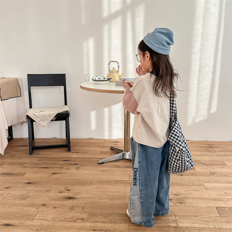 長袖Tシャツ キッズトップス 長袖Tシャツ パッチワーク レターロゴプリント 2カラー【mh0000606】