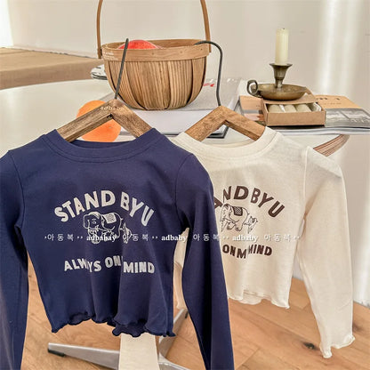 長袖Tシャツ キッズトップス 長袖Tシャツ 裾袖フリル レターロゴプリント ベージュ/ブルー/2カラー【mh0003941】