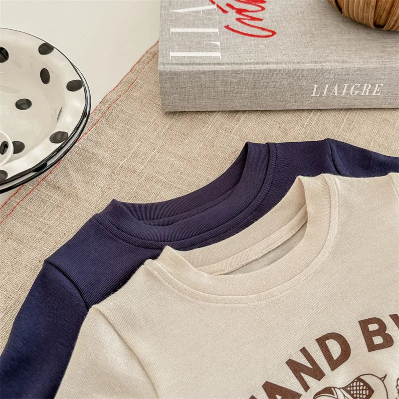 長袖Tシャツ キッズトップス 長袖Tシャツ 裾袖フリル レターロゴプリント ベージュ/ブルー/2カラー【mh0003941】