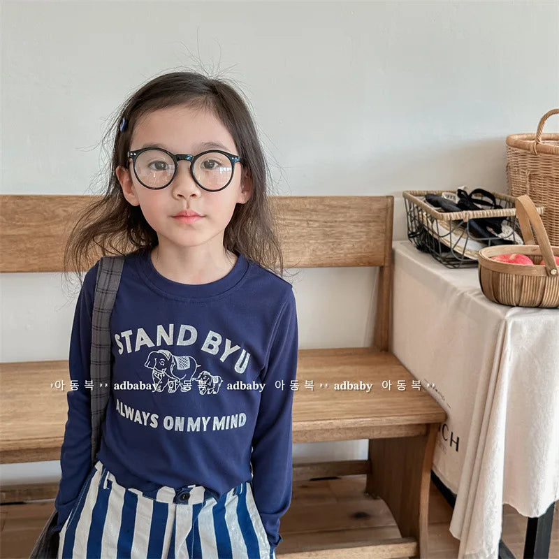 長袖Tシャツ キッズトップス 長袖Tシャツ 裾袖フリル レターロゴプリント ベージュ/ブルー/2カラー【mh0003941】