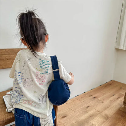 半袖Tシャツ キッズトップス 半袖Tシャツ カラフルレター ベアくまお絵描きプリント 2カラー【mh0005402】