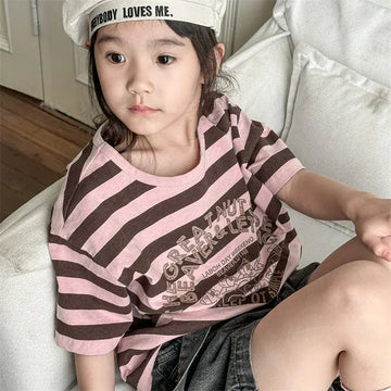 半袖Tシャツ キッズトップス ボーダー半袖Tシャツ ロゴプリント 2カラー【mh0005442】