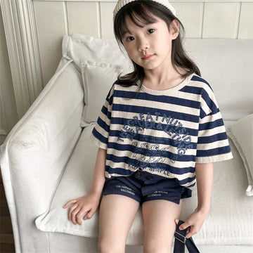 半袖Tシャツ キッズトップス ボーダー半袖Tシャツ ロゴプリント 2カラー【mh0005442】