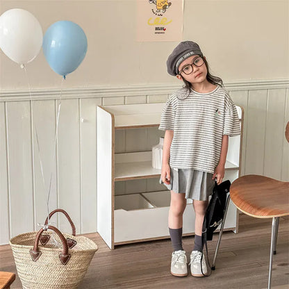 半袖Tシャツ キッズトップス 半袖ボーダーTシャツ ワンポイントプリント 2カラー【mh0005446】