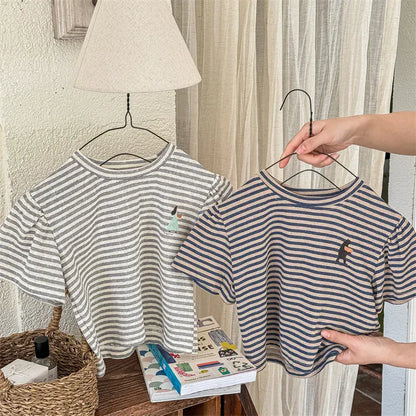 半袖Tシャツ キッズトップス 半袖ボーダーTシャツ ワンポイントプリント 2カラー【mh0005446】