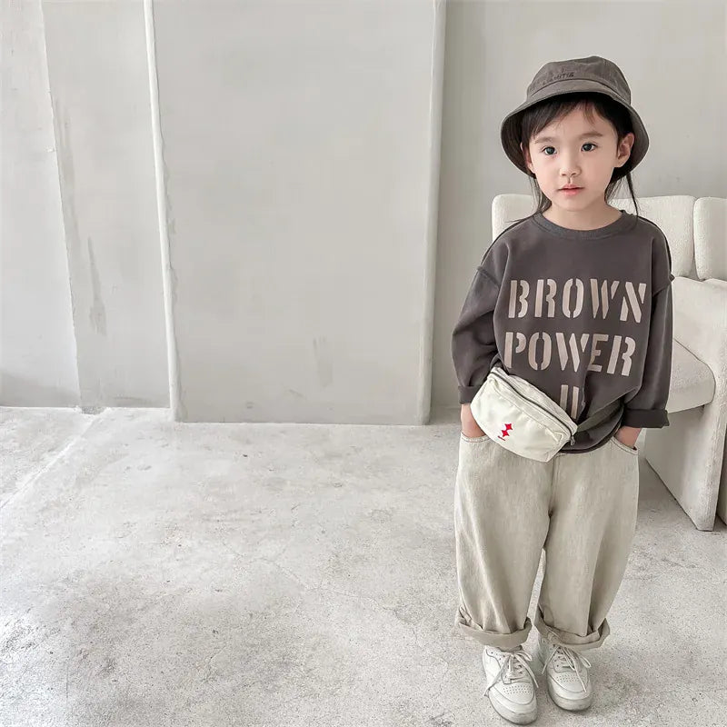 長袖Tシャツ キッズトップス 長袖スウェットTシャツ ルーズシルエット レターロゴプリント 2カラー【mh0006180】