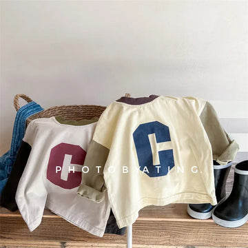 長袖Tシャツ キッズトップス 長袖Tシャツ パッチワーク レターロゴプリント 2カラー【mh0006558】