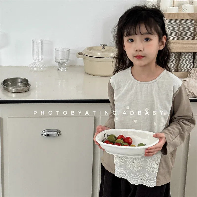 長袖Tシャツ キッズトップス 長袖パッチワークTシャツ 2カラー【mh0006581】