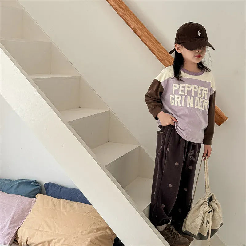 長袖Tシャツ キッズトップス 長袖Tシャツ ホッケーシャツ パッチワーク レターロゴ刺繍 2カラー【mh0006594】