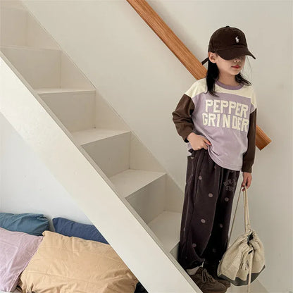 長袖Tシャツ キッズトップス 長袖Tシャツ ホッケーシャツ パッチワーク レターロゴ刺繍 2カラー【mh0006594】