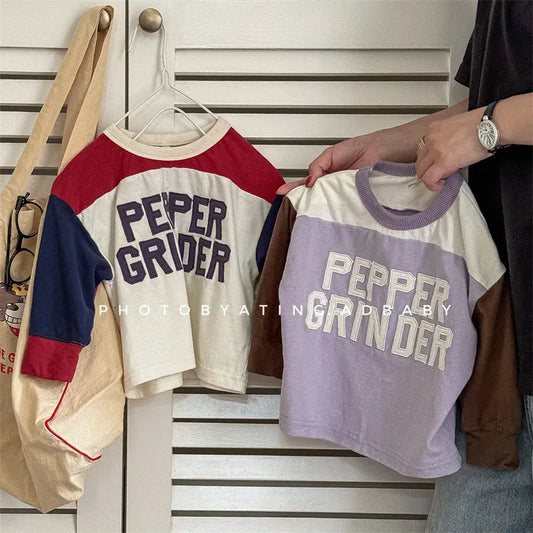 長袖Tシャツ キッズトップス 長袖Tシャツ ホッケーシャツ パッチワーク レターロゴ刺繍 2カラー【mh0006594】