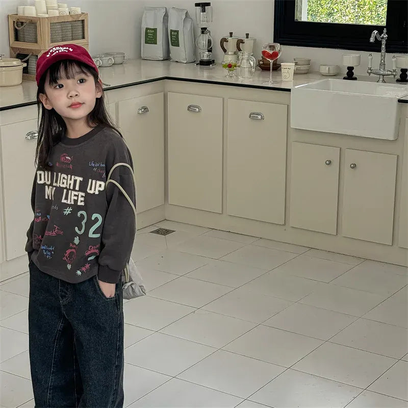 長袖Tシャツ キッズトップス 長袖Tシャツ スウェットシャツ 刺繍プリントロゴ 2カラー【mh0006622】