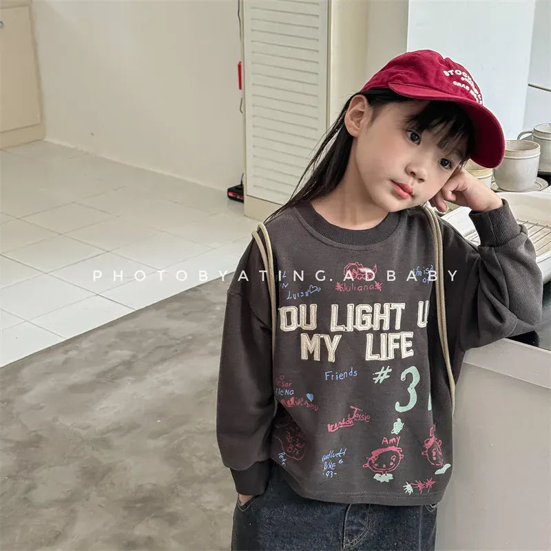 長袖Tシャツ キッズトップス 長袖Tシャツ スウェットシャツ 刺繍プリントロゴ 2カラー【mh0006622】