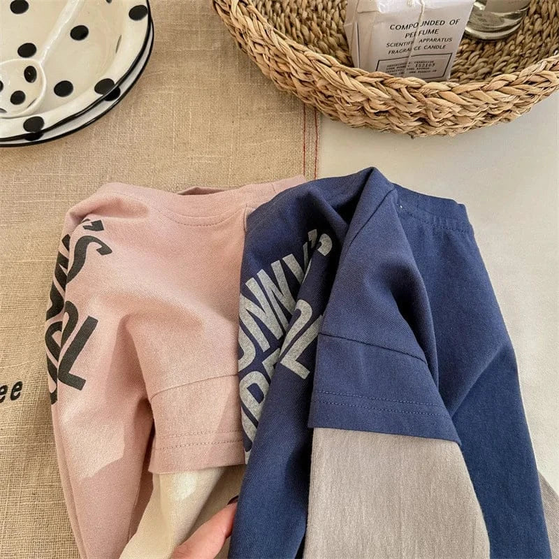 長袖Tシャツ キッズトップス 象エレファントプリント袖パッチワーク長袖Tシャツ 2カラー【mh0006849】