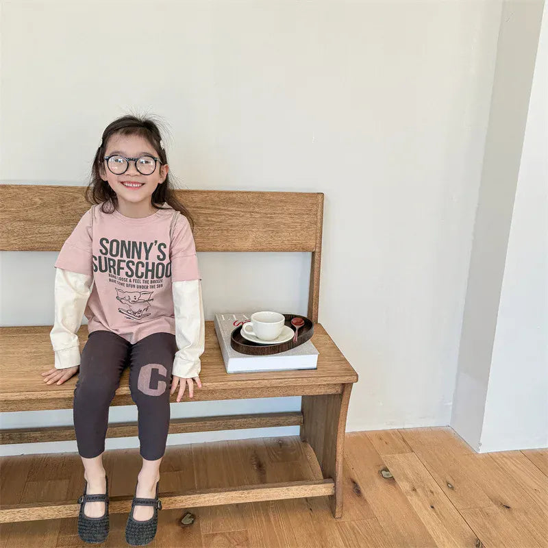 長袖Tシャツ キッズトップス 象エレファントプリント袖パッチワーク長袖Tシャツ 2カラー【mh0006849】