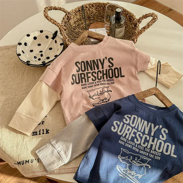 長袖Tシャツ キッズトップス 象エレファントプリント袖パッチワーク長袖Tシャツ 2カラー【mh0006849】