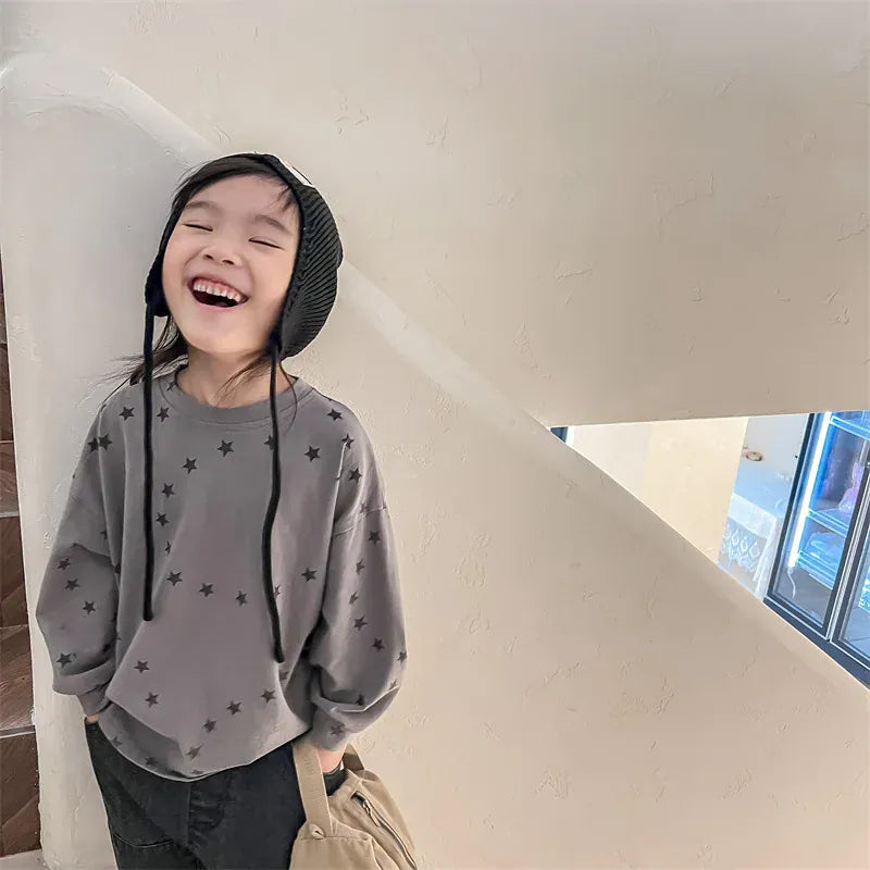 長袖Tシャツ キッズトップス スター星プリント長袖ルーズTシャツ 2カラー【mh0007313】