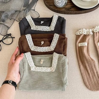 長袖Tシャツ キッズトップス レーススクエアネック 長袖Tシャツ カットソー 3カラー【mh0006588】