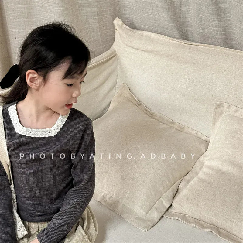 長袖Tシャツ キッズトップス レーススクエアネック 長袖Tシャツ カットソー 3カラー【mh0006588】