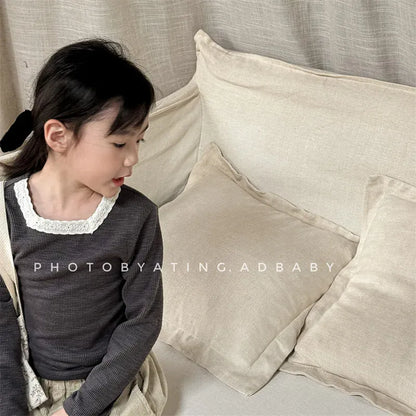 長袖Tシャツ キッズトップス レーススクエアネック 長袖Tシャツ カットソー 3カラー【mh0006588】