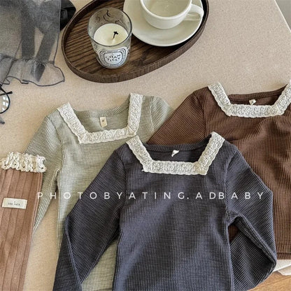 長袖Tシャツ キッズトップス レーススクエアネック 長袖Tシャツ カットソー 3カラー【mh0006588】