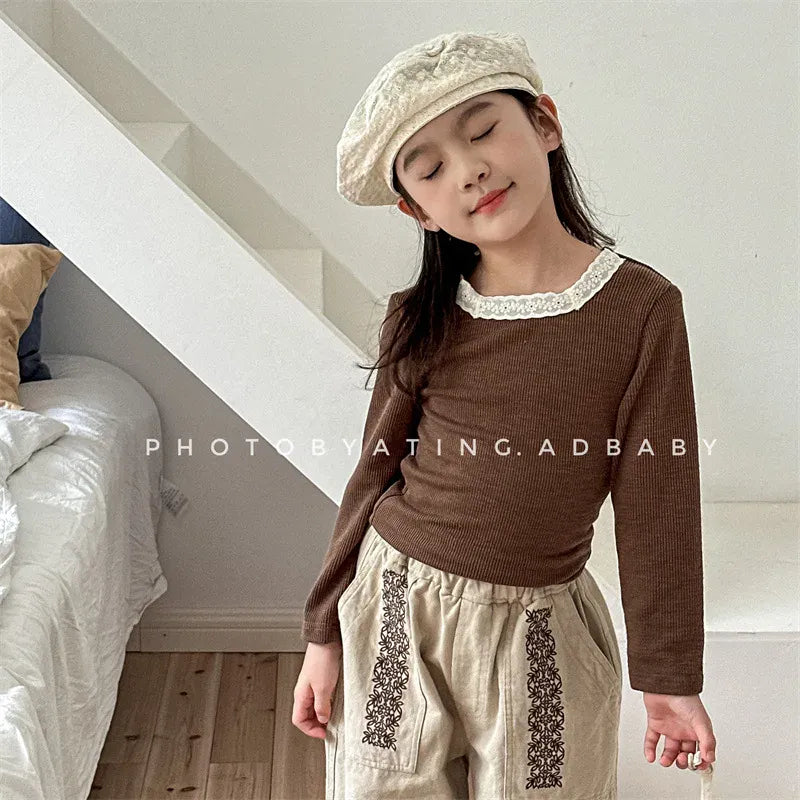 長袖Tシャツ キッズトップス レーススクエアネック 長袖Tシャツ カットソー 3カラー【mh0006588】