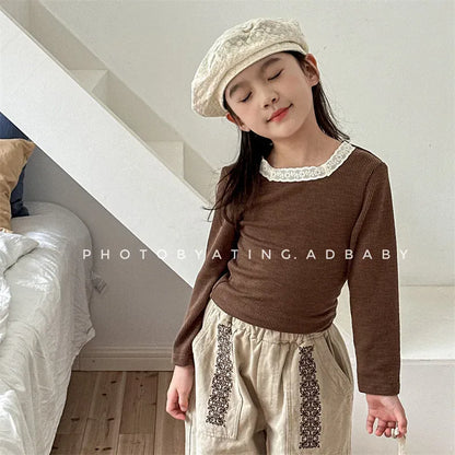 長袖Tシャツ キッズトップス レーススクエアネック 長袖Tシャツ カットソー 3カラー【mh0006588】