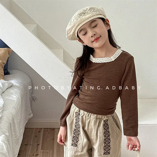 長袖Tシャツ キッズトップス レーススクエアネック 長袖Tシャツ カットソー 3カラー【mh0006588】