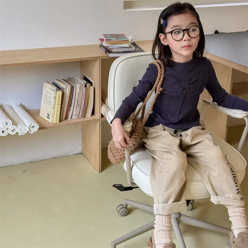 長袖Tシャツ キッズトップス リボンアップリケ刺繍長袖カットソーTシャツ 3カラー【mh0007149】