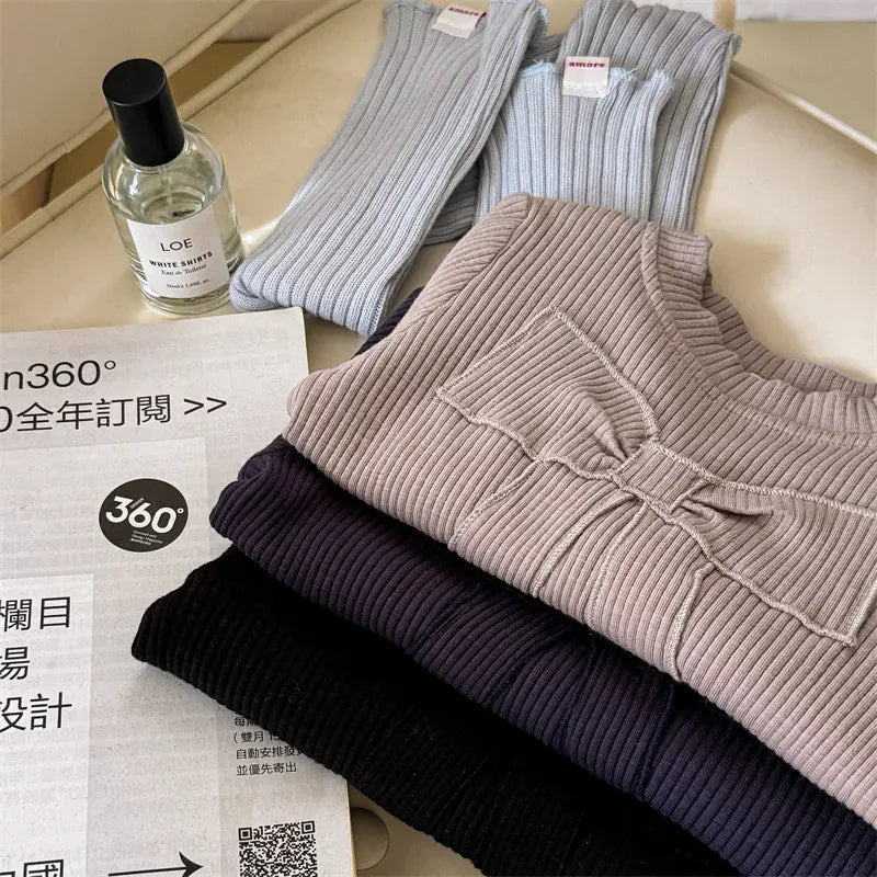 長袖Tシャツ キッズトップス リボンアップリケ刺繍長袖カットソーTシャツ 3カラー【mh0007149】