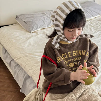 長袖Tシャツ キッズトップス ペンギンレターロゴプリントフリース長袖Tシャツ 3カラー【mh0007568】