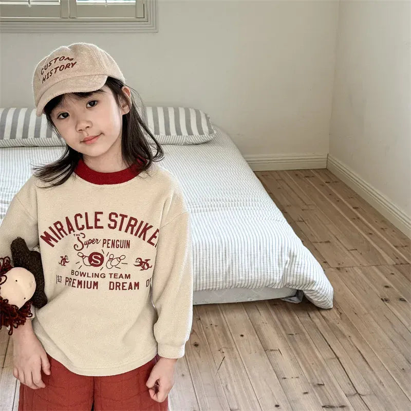 長袖Tシャツ キッズトップス ペンギンレターロゴプリントフリース長袖Tシャツ 3カラー【mh0007568】