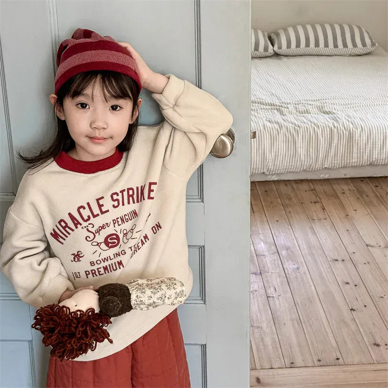 長袖Tシャツ キッズトップス ペンギンレターロゴプリントフリース長袖Tシャツ 3カラー【mh0007568】