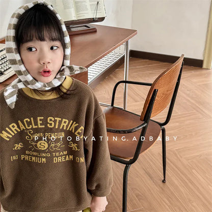 長袖Tシャツ キッズトップス ペンギンレターロゴプリントフリース長袖Tシャツ 3カラー【mh0007568】