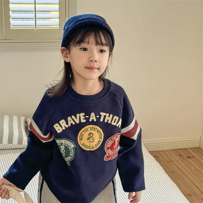 長袖Tシャツ キッズトップス ワッペンパッチレターロゴ刺繍フリース長袖ホッケーTシャツ 3カラー【mh0007569】