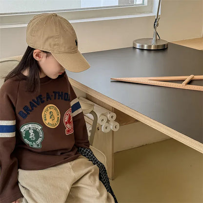 長袖Tシャツ キッズトップス ワッペンパッチレターロゴ刺繍フリース長袖ホッケーTシャツ 3カラー【mh0007569】