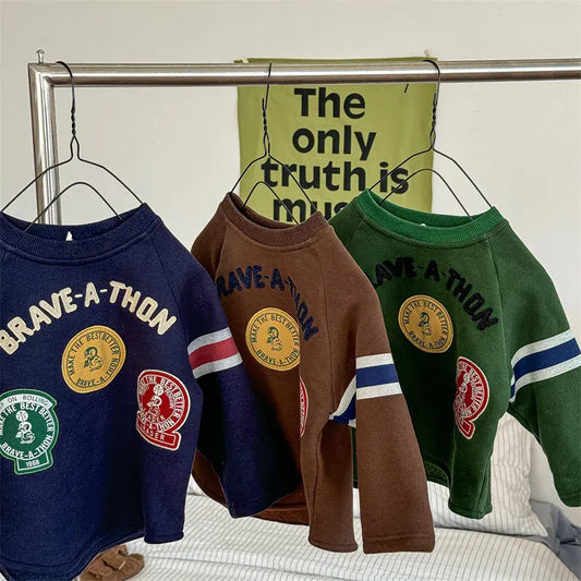 長袖Tシャツ キッズトップス ワッペンパッチレターロゴ刺繍フリース長袖ホッケーTシャツ 3カラー【mh0007569】