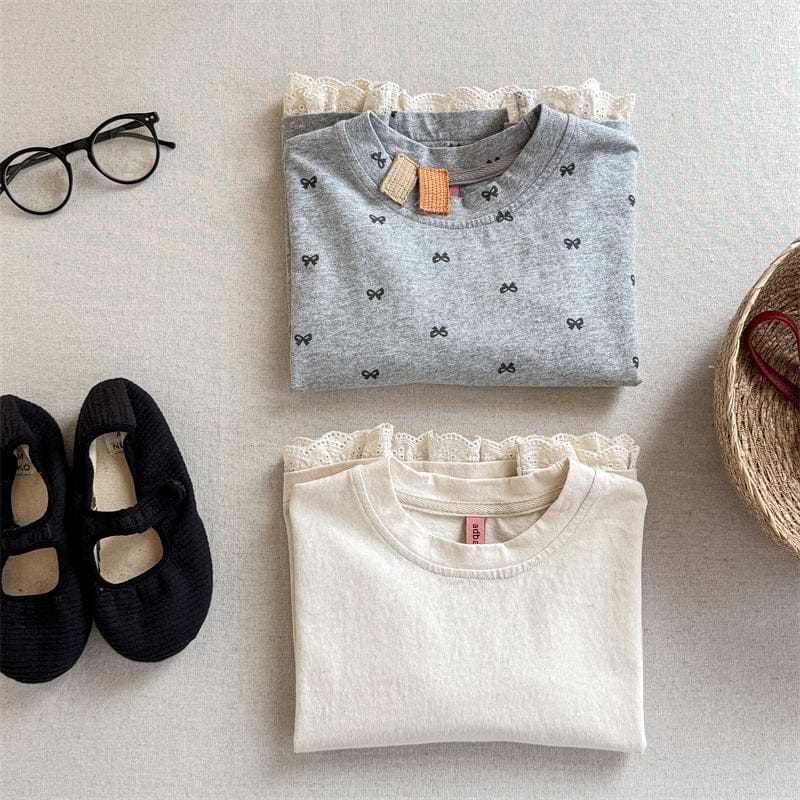 長袖Tシャツ キッズトップス リボンプリント裾レース七分袖Tシャツ【mh-0008971】