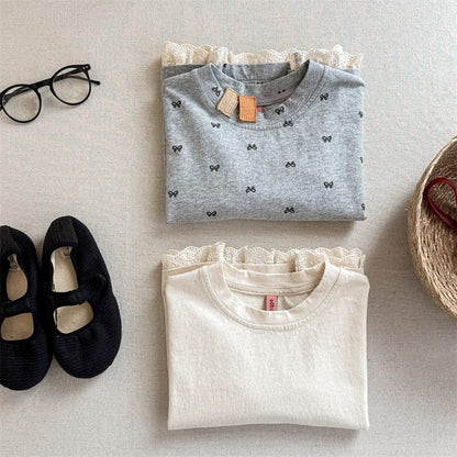 長袖Tシャツ キッズトップス リボンプリント裾レース七分袖Tシャツ【mh-0008971】