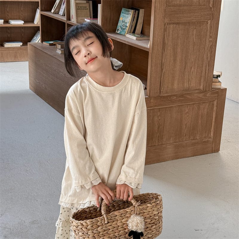 長袖Tシャツ キッズトップス リボンプリント裾レース七分袖Tシャツ【mh-0008971】