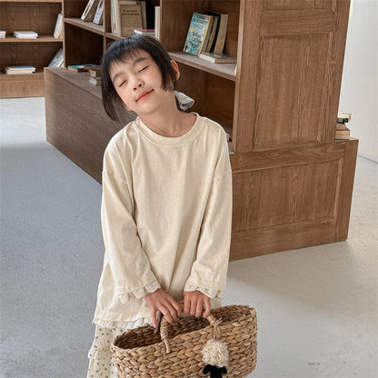 長袖Tシャツ キッズトップス リボンプリント裾レース七分袖Tシャツ【mh-0008971】