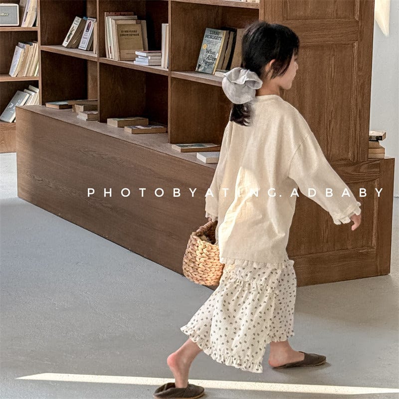 長袖Tシャツ キッズトップス リボンプリント裾レース七分袖Tシャツ【mh-0008971】