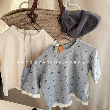 長袖Tシャツ キッズトップス リボンプリント裾レース七分袖Tシャツ【mh-0008971】