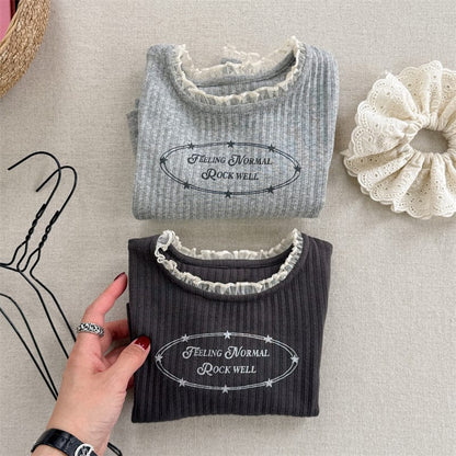 長袖Tシャツ キッズトップス レースプリントロゴ長袖リブカットソーTシャツ【mh-0008972】