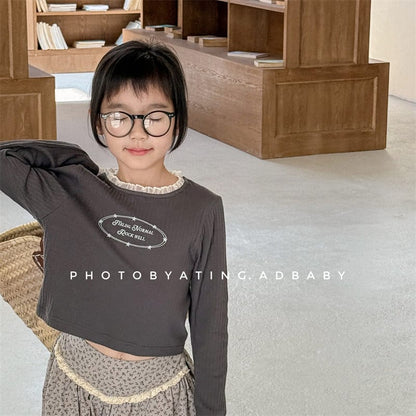 長袖Tシャツ キッズトップス レースプリントロゴ長袖リブカットソーTシャツ【mh-0008972】