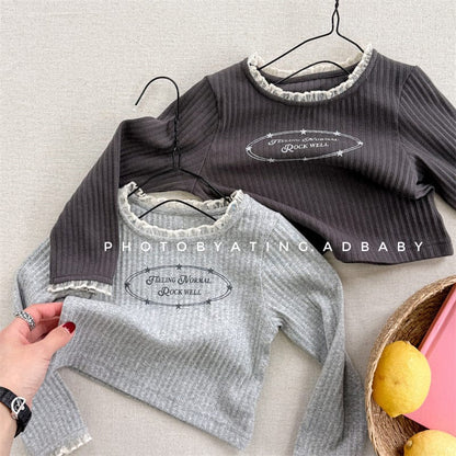 長袖Tシャツ キッズトップス レースプリントロゴ長袖リブカットソーTシャツ【mh-0008972】