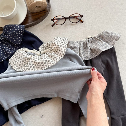 長袖Tシャツ キッズトップス フラワープリントラッフル襟長袖カットソーTシャツ【mh-0008976】