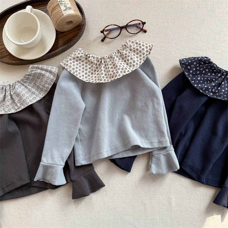 長袖Tシャツ キッズトップス フラワープリントラッフル襟長袖カットソーTシャツ【mh-0008976】